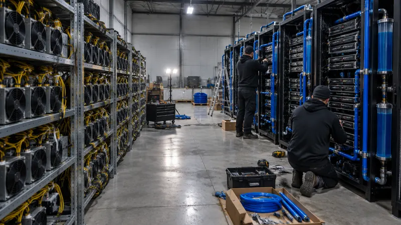 Half of a hall with ASIC racks, the other half being fitted with GPU server racks and liquid-cooling pipes