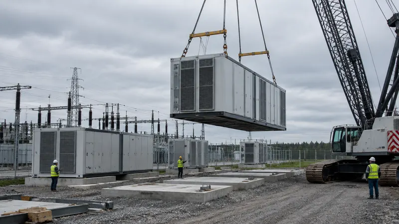 A prefabricated modular data center block being lifted into place by a crane next to a substation