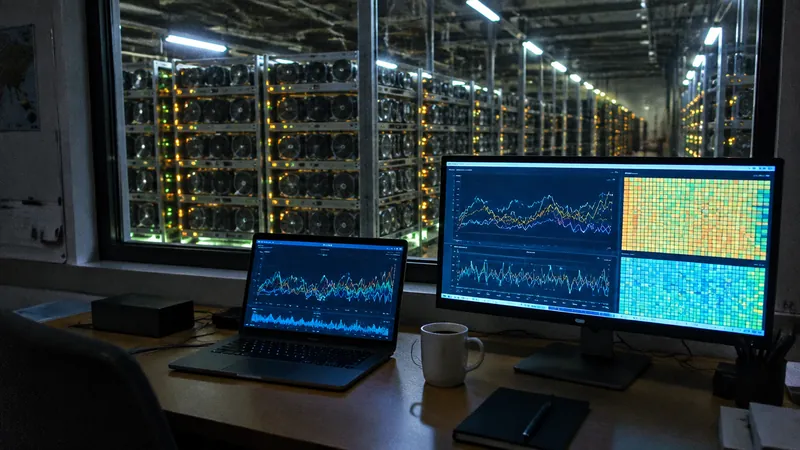 Operations office in a mining facility at night with monitoring charts on screen and racks behind the window