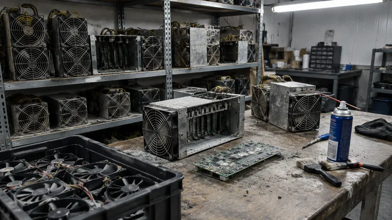 Retired and opened ASIC miners with used fans in a mining facility repair room