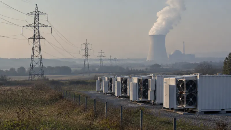 A nuclear power plant cooling tower in the distance with transmission lines leading toward a field of mining containers