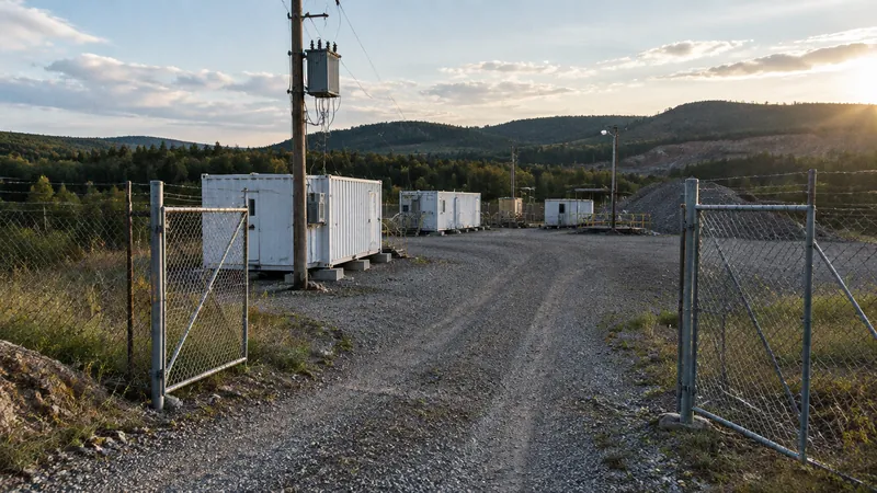 A small mining site with containers and a transformer seen from its open gate