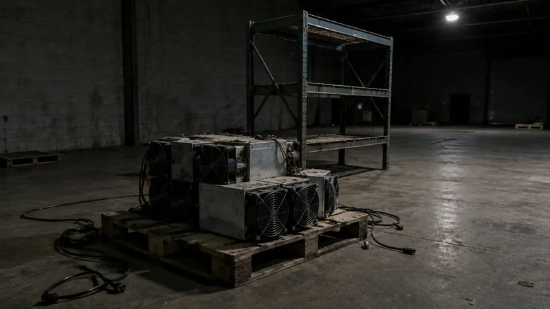A few dusty, unplugged ASIC miners on a pallet in an empty warehouse