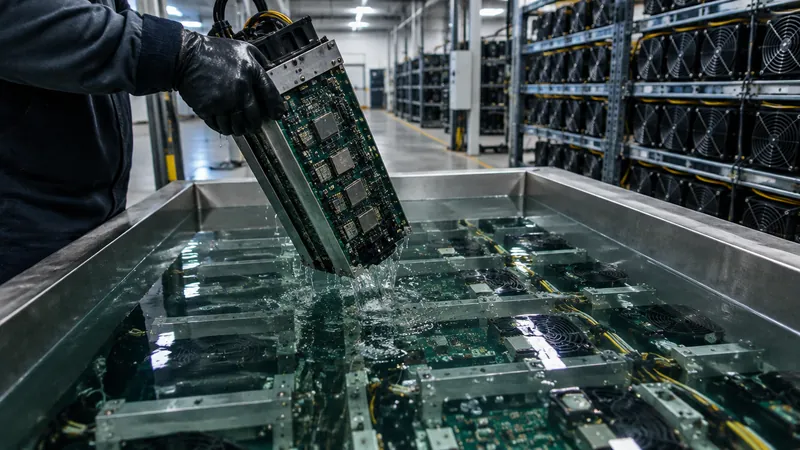 A miner being lifted out of an immersion cooling tank with dielectric fluid dripping