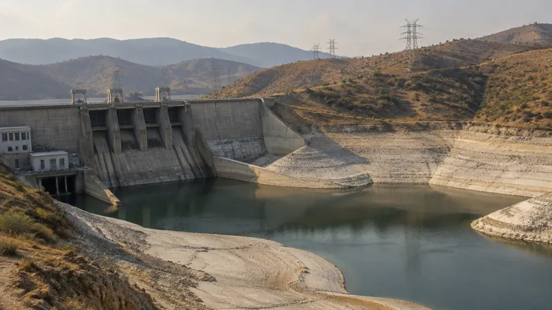 A hydro dam spillway with low water levels and transmission lines crossing a dry valley in the dry season