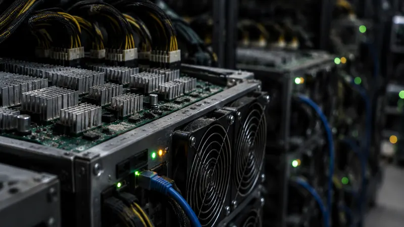 Close-up of ASIC miner hashboards with status lights glowing in a dark mining room