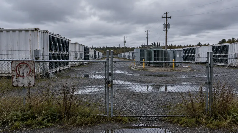 A quiet mining facility with a chain-link fence, a padlocked gate and idle containers under a grey sky