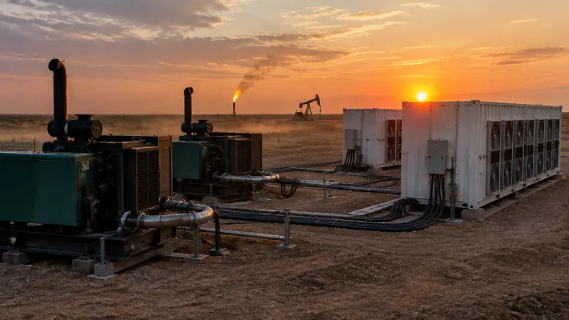 Gas generator sets connected to mining containers at an oil field at dusk with a flare in the distance