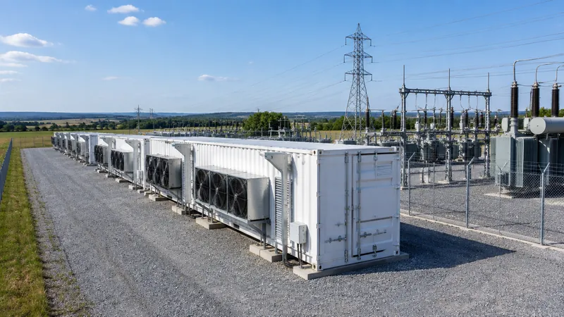 Container mining units on a gravel pad next to an electrical substation