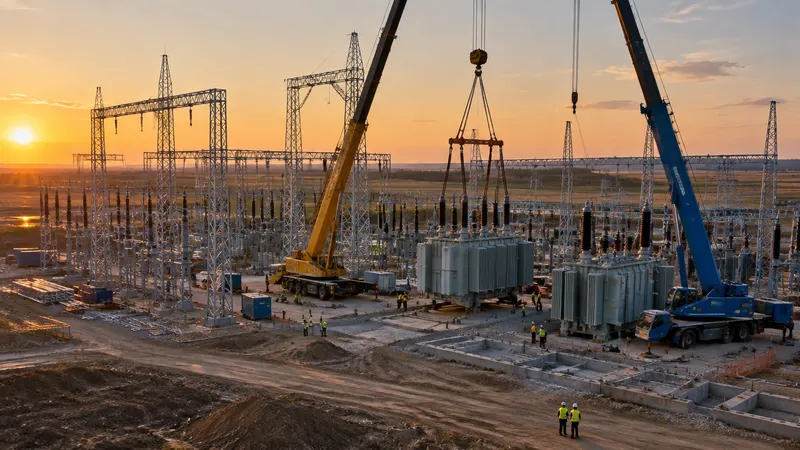 A large high-voltage substation under construction with cranes