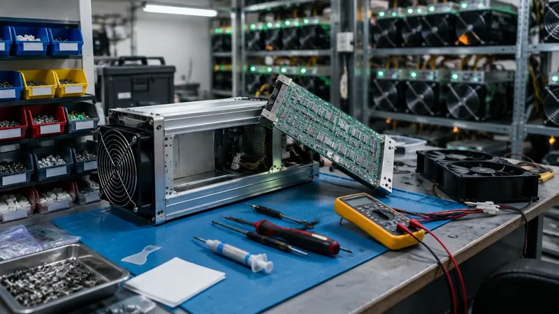 Repair workbench in a mining facility with an opened ASIC miner, multimeter and spare parts