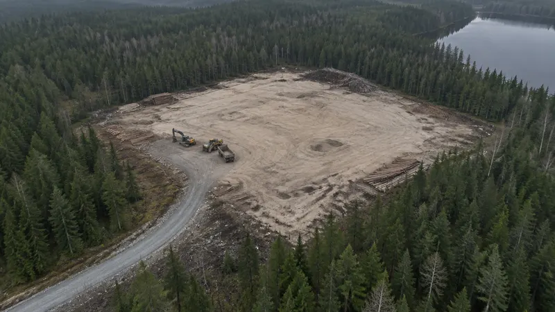 Aerial drone view of a large freshly cleared rectangle in Finnish boreal forest, with excavators, a dump truck, a gravel road and a lake