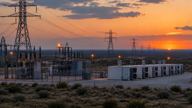 High-voltage transmission lines and a substation next to a container mining yard at dusk, with the containers lit and the sky fading to dark blue