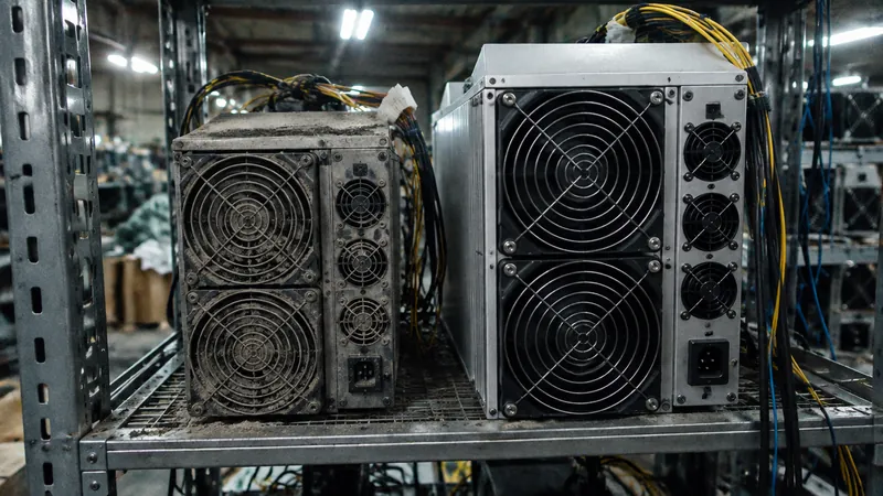 An older dusty ASIC miner next to a newer model on a warehouse shelf