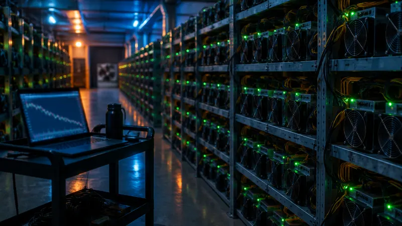 Rows of ASIC miners with a dim monitor showing a falling line chart