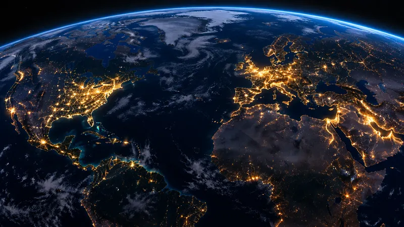Night satellite-style view of Earth with glowing power grids