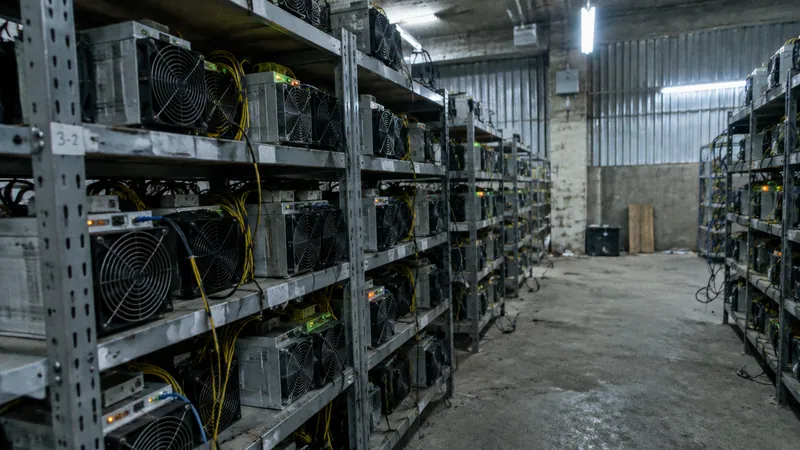 Aisle of a Bitcoin mining hosting facility with racks of ASIC miners
