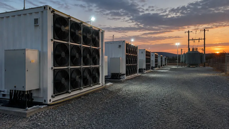 Air-cooled Bitcoin mining containers with fan walls at a rural hosting site at dusk