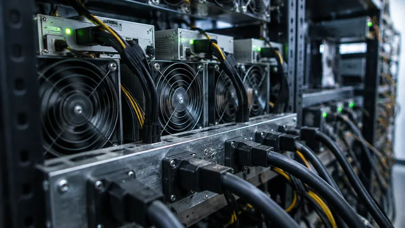 The back of a rack of running Antminer units with power cables and status lights