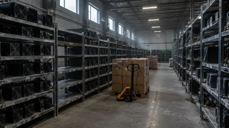 Rows of switched-off ASIC miners in a dim mining warehouse, with some racks already emptied