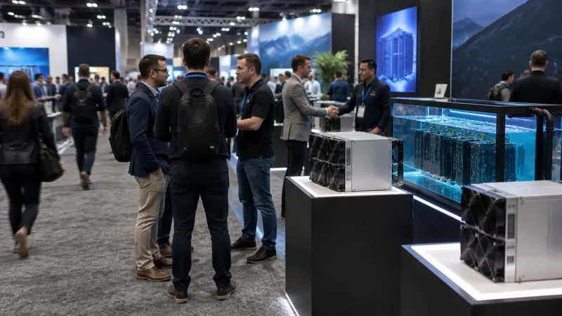 A busy conference expo hall with mining hardware on display stands and people talking in small groups
