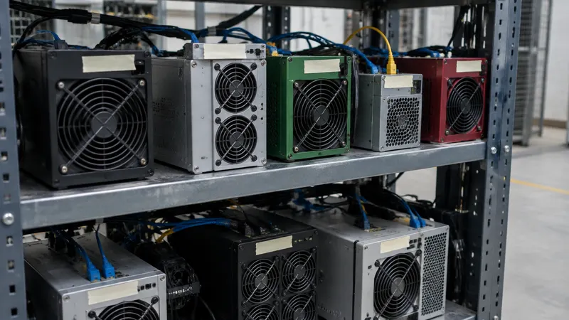 A row of compact ASIC miners of different models on a shelf in a hosting facility, cables and labels