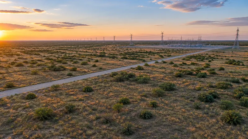 Flat Texas land with transmission towers at sunset