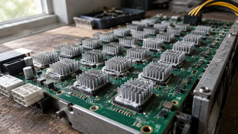 Close-up of an ASIC hashboard with rows of chips and heatsinks