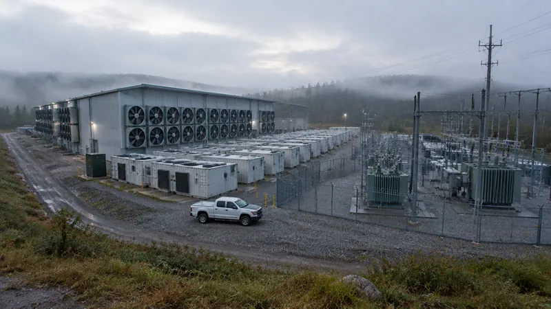 A mining data center campus in the early morning with a metal building, containers and a substation