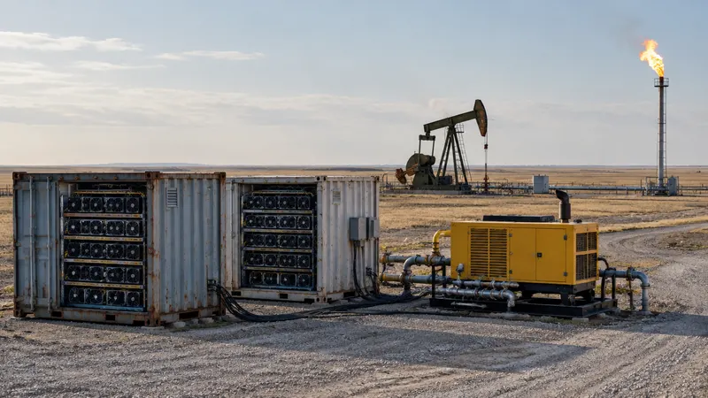 A gas flare burning at an oil well pad on flat prairie, with a few mining containers and a gas generator set nearby