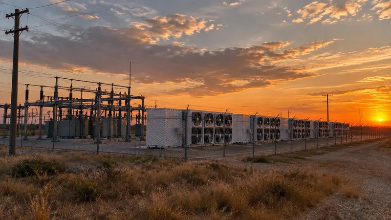 A Texas electrical substation beside rows of bitcoin mining containers at dusk under a wide, open sky