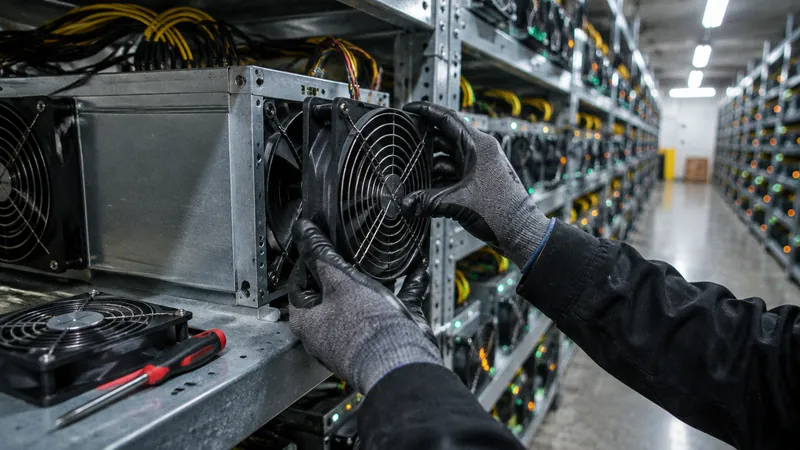 A technician's gloved hands replacing a cooling fan on an ASIC miner in a rack