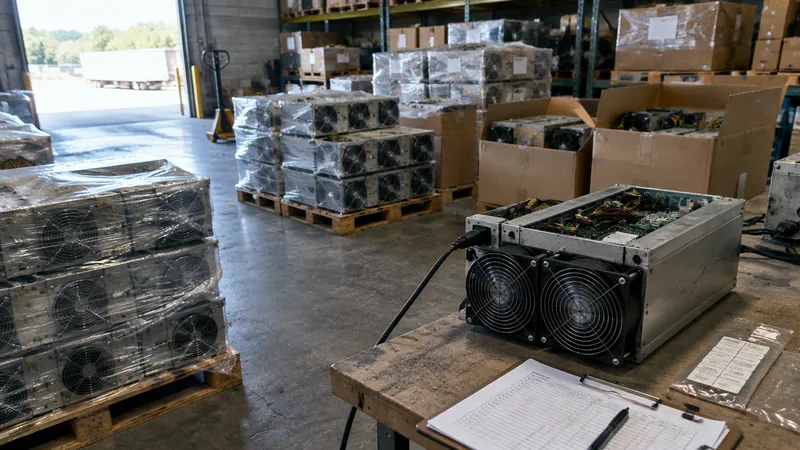 Used ASIC miners on pallets being inspected, one connected and running on a test bench