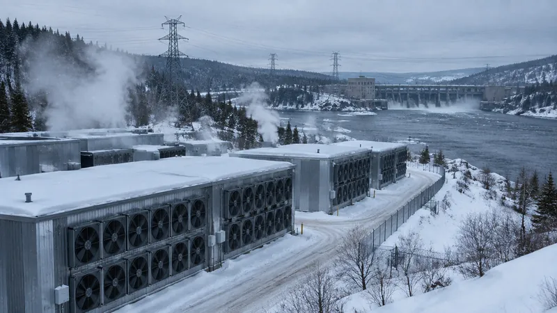 Mining hosting buildings in a snowy northern landscape with steam rising and power lines behind